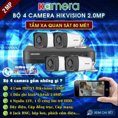 TRỌN BỘ 4 CAMERA HIKVISION 2.0MP (IR 80M)